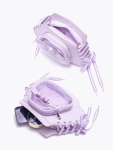 Zaino ragazza viola conchiglia fiocco trasparente nastro di seta tracolla PU Itabag regalo - Foto 11 di 12