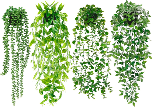 Artificial Hanging Plants for Shelf, 4 Pack Fake Potted Greenery Faux Eucalyptus