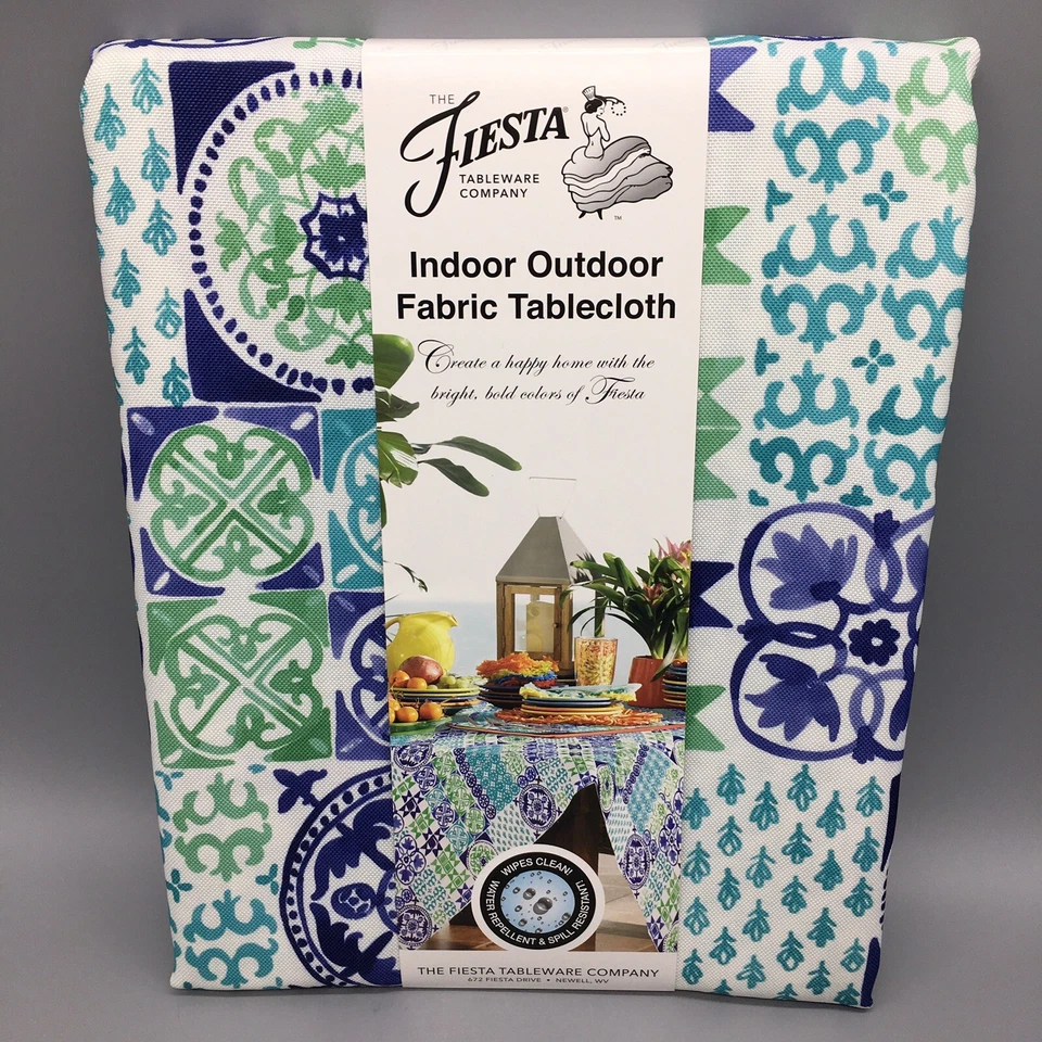 Fiesta Geometric Tablecloth Indoor Outdoor Turquoise Blue Green Summer 60x102 - Image 2 of 4
