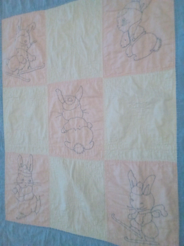 Handcrafted Handmade Blanket Quilt 41x34 Stitched Themed Bunny Ski Blue Pink VTG - Picture 5 of 10
