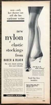 1952 Bauer & Black Chicago Nylon Elastic Stockings PRINT AD Legs Open Toe Pumps