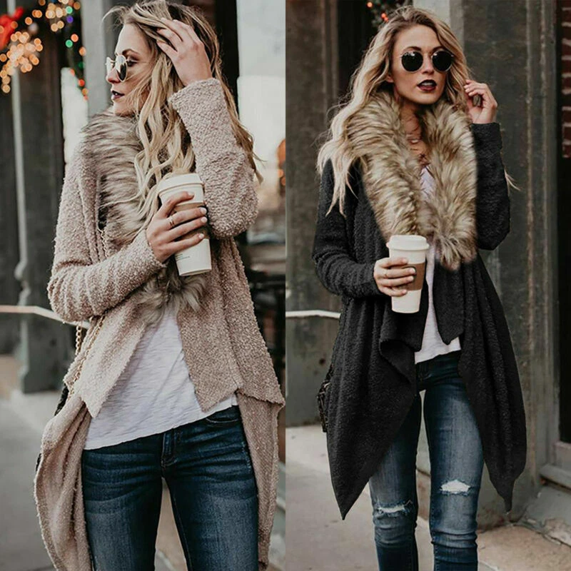 Winter Womens Faux Fur Collar Sweater Long Sleeve Cardigan Jacket Coat  Loose Top