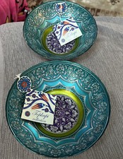 2 Topkapi Collection 8” Bowls Hand Painted Glass Over Metal Made In Turkey