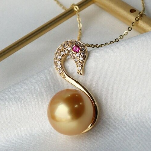 Swan Style 14mm South Sea Gold Pearl Pendant Necklace, 18K Gold, Rich Gold Color