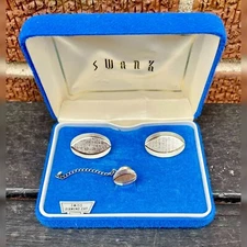 Vintage Swank Silver Swiss Diamond Cut Tie Tac and Cufflinks - New In Box