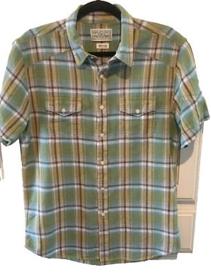 Men s Lucky Brand Green Plaid Shirt Durable Quality Size Medium Short Sleeve