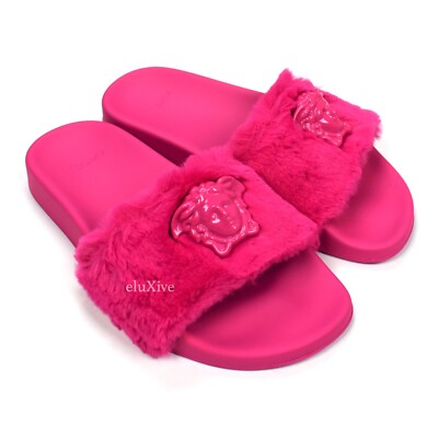 NWT $525 Versace Women's Hot Pink Faux Fur La Medusa Logo Slides