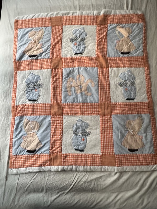 Sunbonnet Sue Handmade Baby Quilt Orange Gingham Crib Nursery Cottagecore Cabin