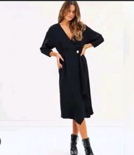Mango Wrap Black V Neck Wrap Style Button Midi Dress Gathered Sz S Classic Chic
