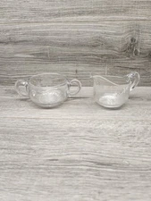 Vtg Clear Glass Floral Etched Creamer & Open Sugar Bowl See Description