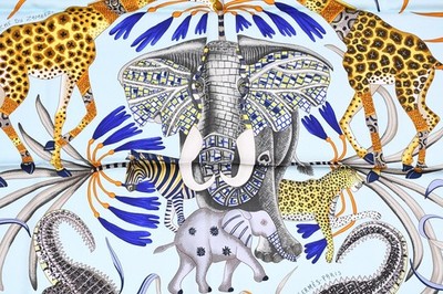 Hermes Scarf La Marche du Zambeze 90 cm silk yellow Carre elephant