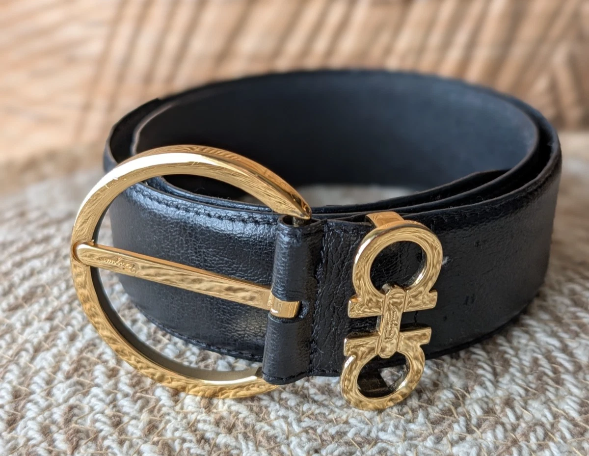 Salvatore Ferragamo Vintage Black Leather Belt W/ Gold Tone Signed Buckle-Sz 36 Salvatore ferragamo engraved gold tone buckle | Mercari main image 2
