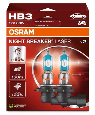 2x OSRAM NIGHT BREAKER LASER HB3 +150% Halogen 12v 60W Scheinwerferlampen P20d