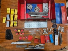 GILBERT Erector Set PARTS LOT 200+ Pieces - Includes Red Metal Case