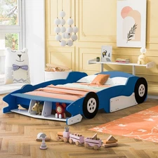 Full Size Race Car-Shaped Platform Bed with Wheels,Blue