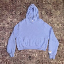 OFFLINE by Aerie Coffee Run Quilted Cropped Pullover Hoodie Blue Large Pockets