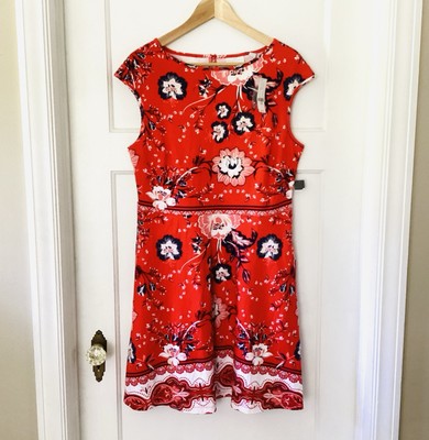 NY&C Red Floral Print Midi Dress Women s Sz L Country Festival Summer Cowgirl