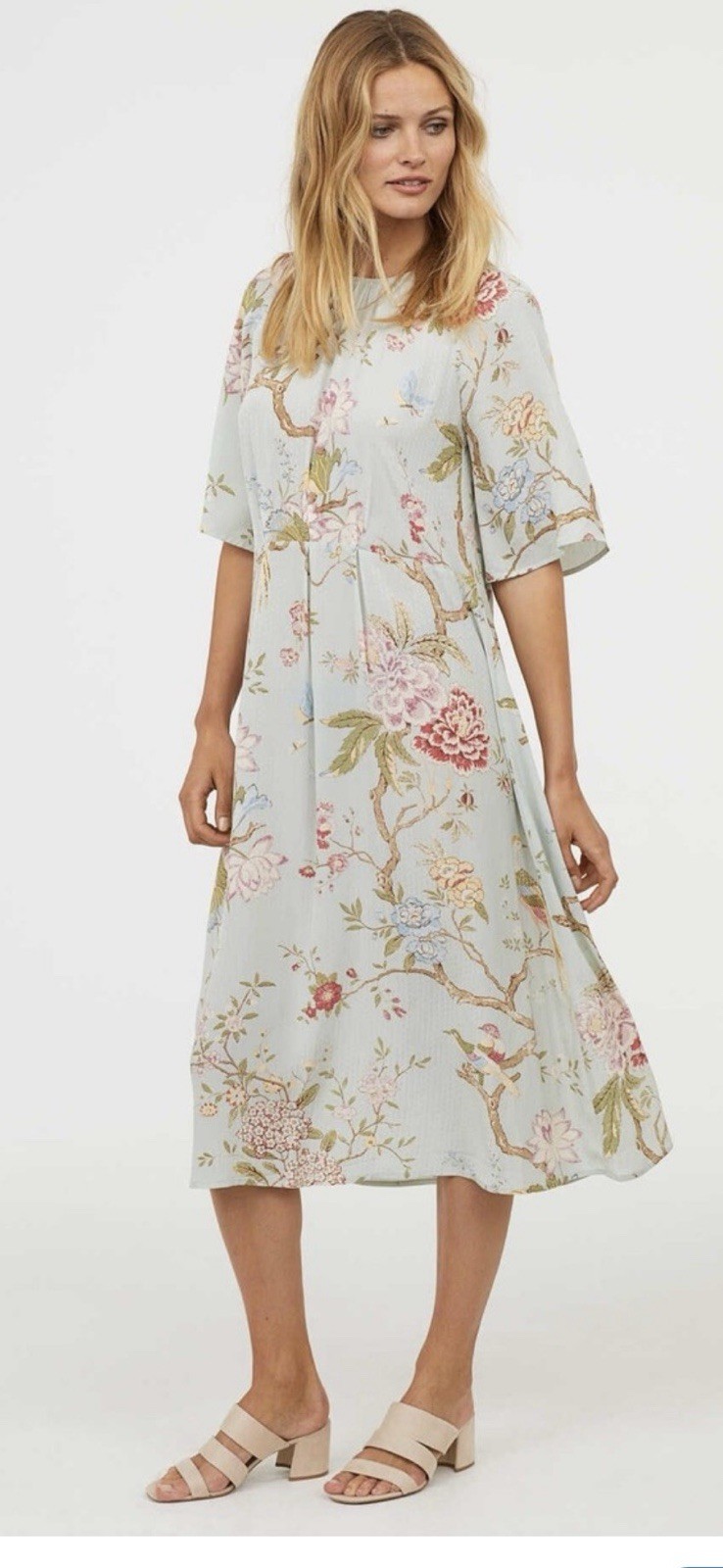 GP & J Baker H&M Tea Garden Pastel Floral Birds Button Back Midi Dress Size 10