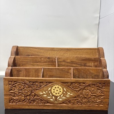 Unbranded Brown Carved Floral Wood Desk Organizer