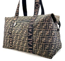 FENDI Zucca Boston Bag Nylon Leather Brown Large Duffle Authentic