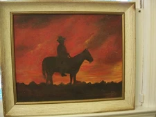 Cowboy at Sunset Western Art Painting Signed R.P.L. VTG Framed Canvas Board