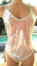Victorias Secret Rare Sequin satin teddy bodysuit shine M bling thong White