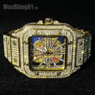 MEN'S FULLY ICED BAND LUXURY WATCH SKELECTON DIAL SIMULATED DIAMOND SQUARE BLING