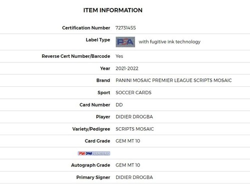 2021-22 Panini Mosaic EPL Premier League Didier Drogba PSA 10 AUTO 10 POP 5 GEM! - Picture 3 of 6