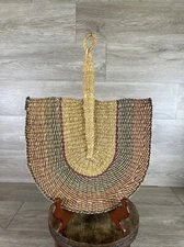 Vintage African Art Tribal Colorful Fan Hand Woven Basket Weave Multicolor