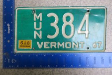 Vermont License Plate Tag 1967 67 1968 68 VT Municipal MUN Police Cop Town #384