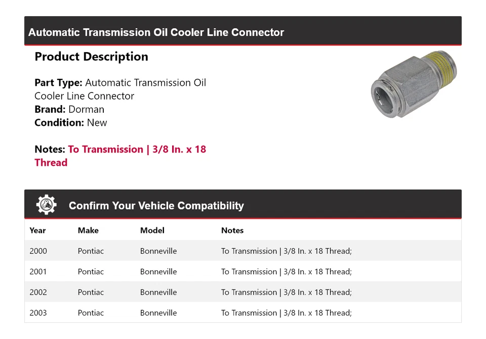 Conector de línea de enfriador de aceite para Pontiac Bonneville Dorman AT 2000-2003 2001 2002 Foto 2 de 4