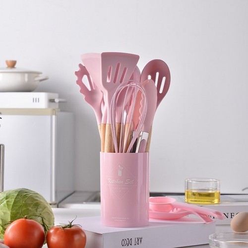 Set 12 pz utensili da cucina antiaderenti manico in legno set da cucina grigio nero - Foto 10 di 11