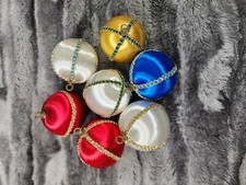 Christmas Ornament Baubles Satin Sheen Multicolor Gold Ribbon Vintage Set Of 7