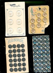 4 Very Old Button Cards of Horn, "Rubberide", Black Glass , and Clear Glass