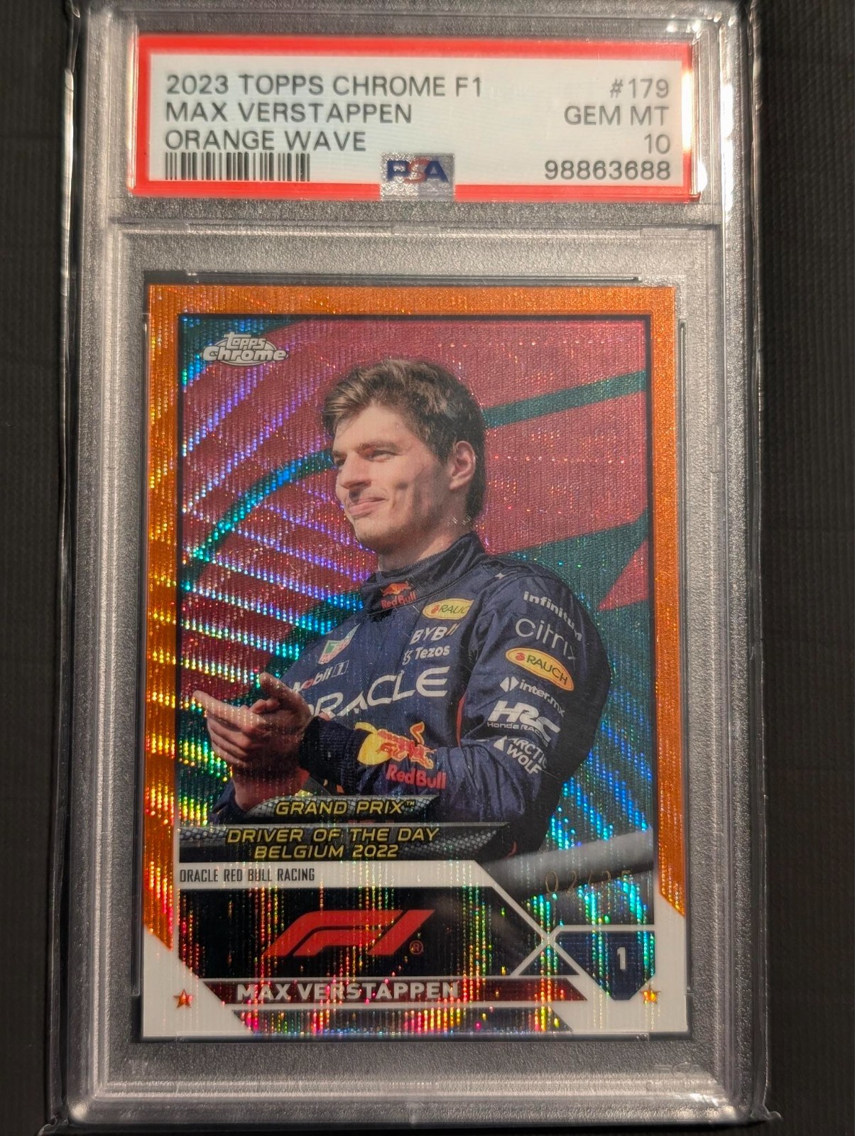 2023 Topps Chrome F1 Max Verstappen Orange Wave Refractor /25 PSA 10 GEM MINT view 1