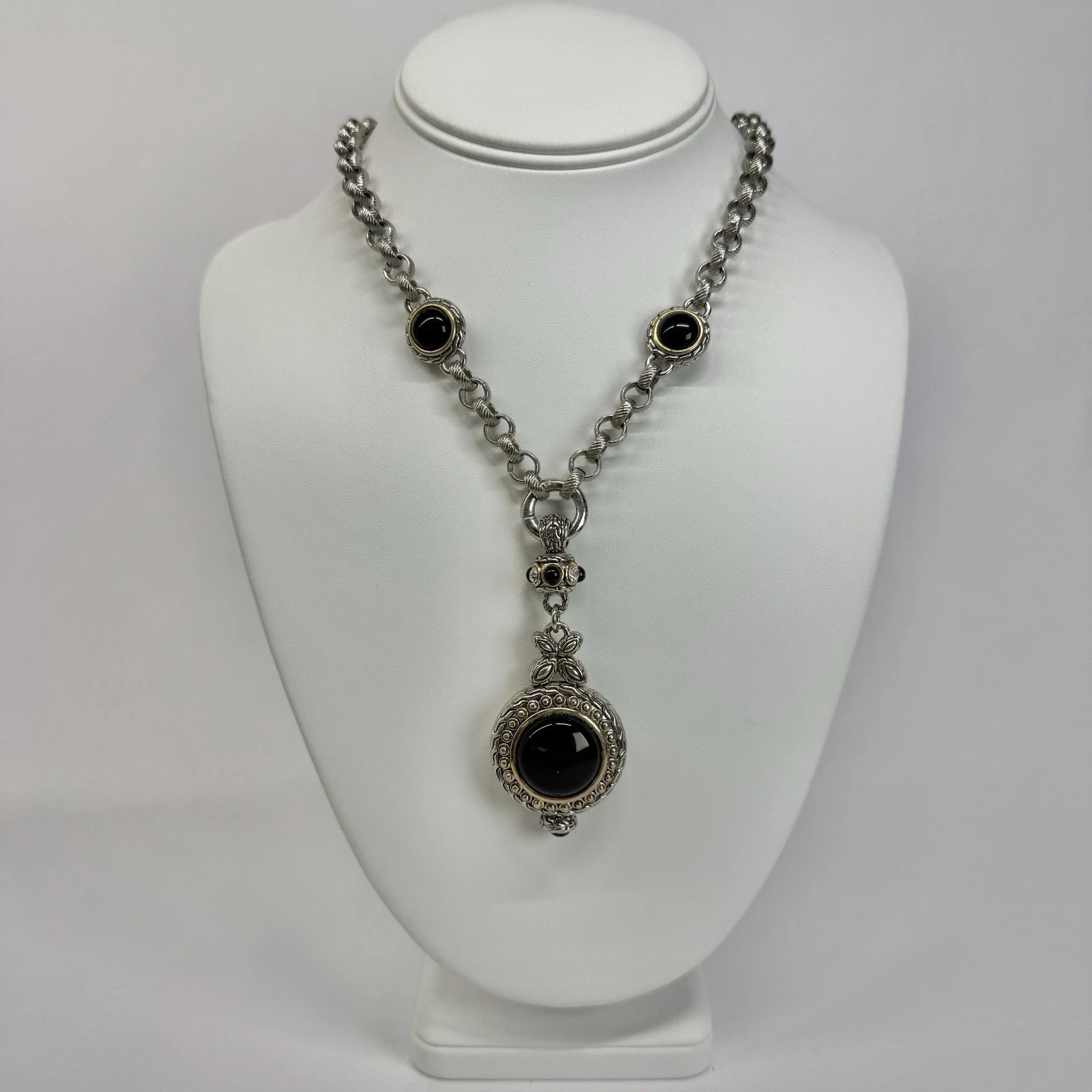 BRIGHTON Chunky Black Pendant Silver Tone Vintage Necklace Jewelry N527