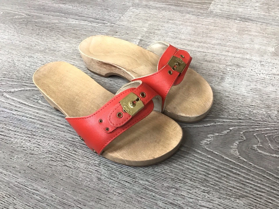 Vintage DR SCHOLLS Women Size 6 Wooden Exercise Sandals Red Leather Wedge Wood - Image 2 of 4