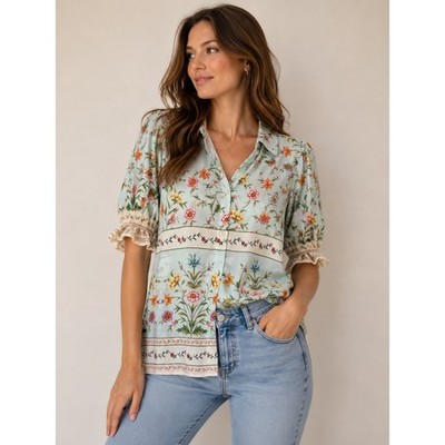 Alex & Lili Womens Large Blue Floral Button Down Blouse Crochet Lace Cuff