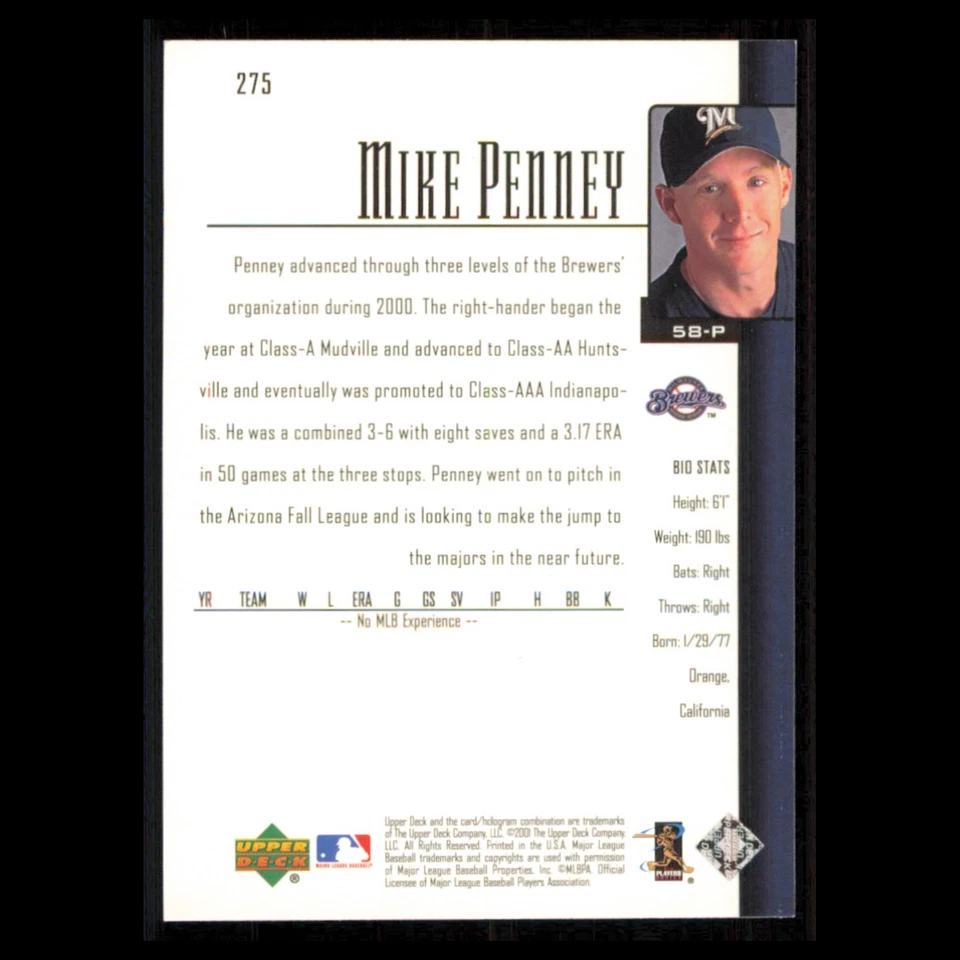 Mike Penney Rookie #275 2001 Upper Deck Milwaukee Brewers Baseball Card MLB NM - Image 2 of 3