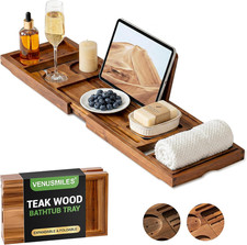 Teak Bathtub Tray Caddy, Foldable Bath Tray with Expandable Handles, Wine Glass