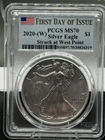 2020 W American Eagle PCGS MS70 First Day Of Issue West Point .999 Fine Silver