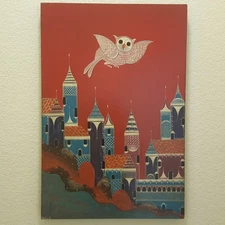A. Mateos N. — Red Sky Owl over Hilltown Original Painting on Panel