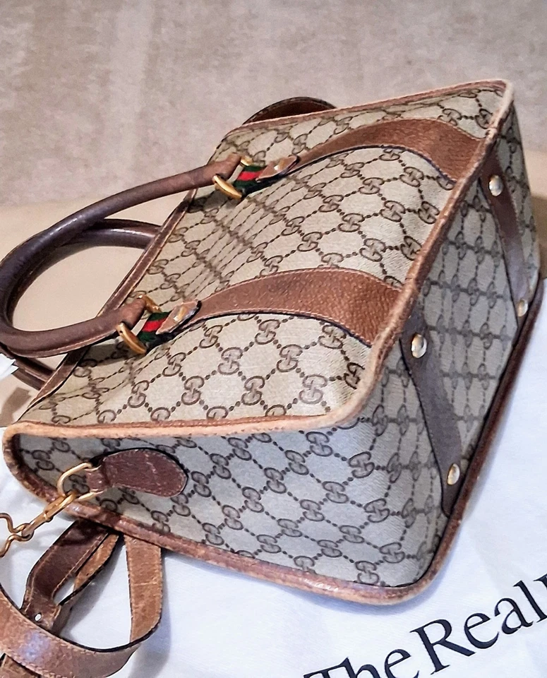 Auténtico/Vintage Gucci Rayas Jerez Pequeño Cartera Bandolera Correa Bolso de Mano Foto 2 de 4