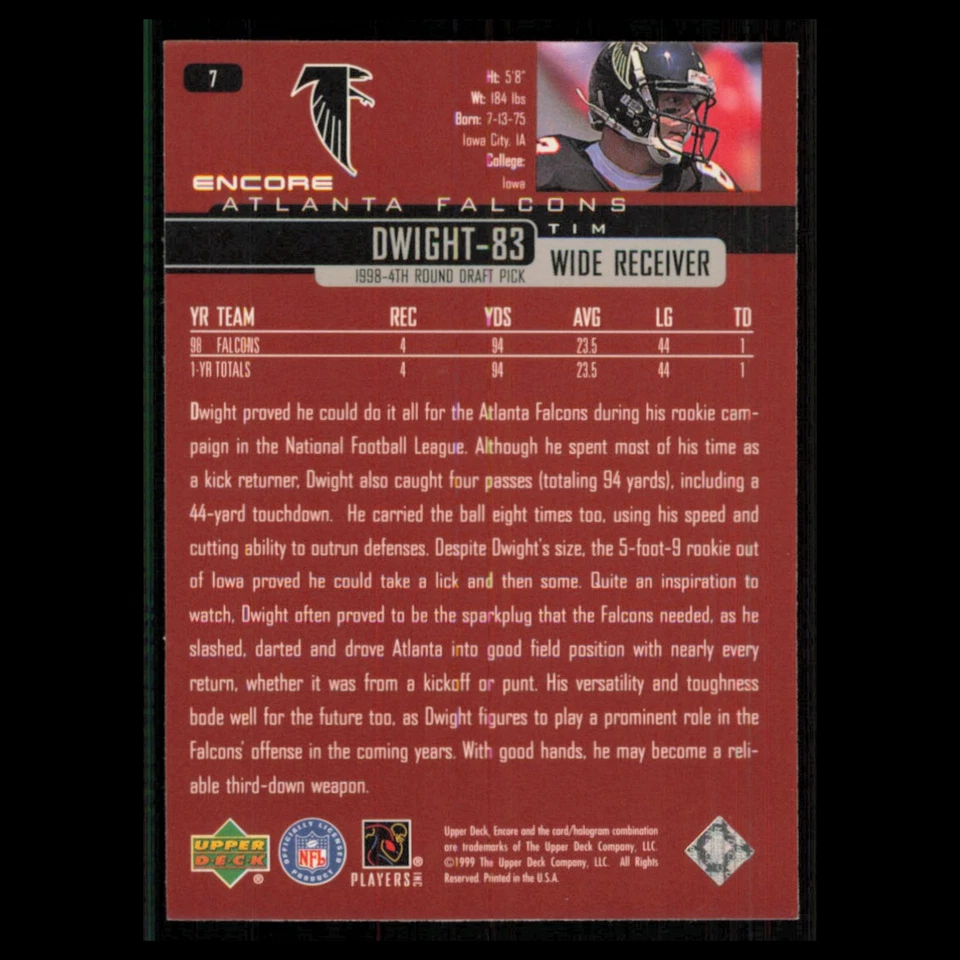 Tim Dwight #7 1999 Upper Deck Encore Atlanta Falcons Football Card NFL NM - Image 2 of 3