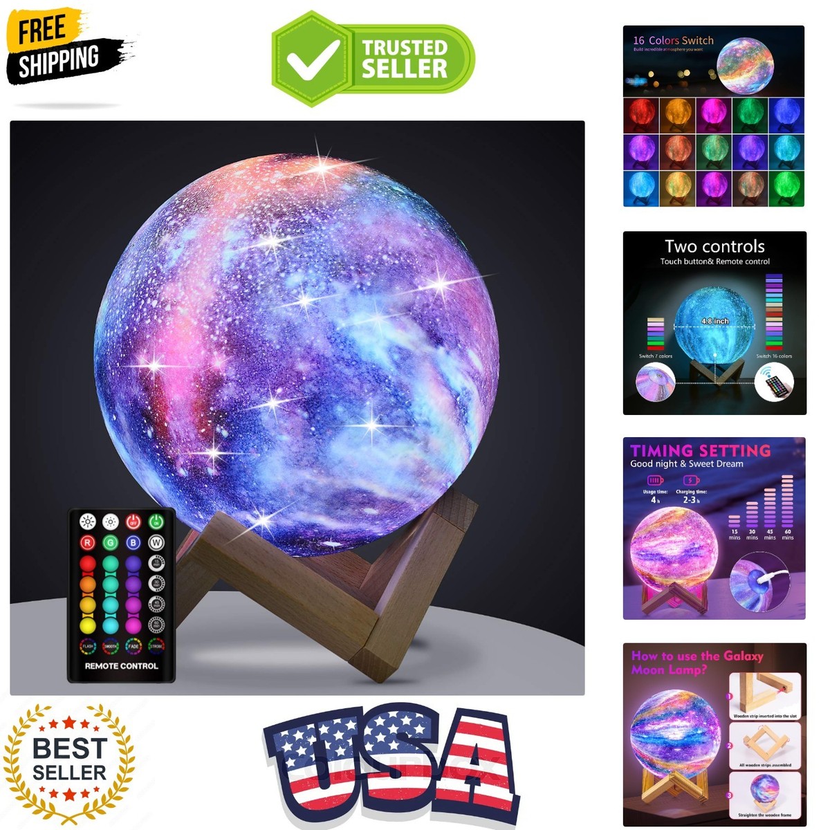 Moon Lamp, Kids Night Light Galaxy Lamp - 16 Colors Moon Light