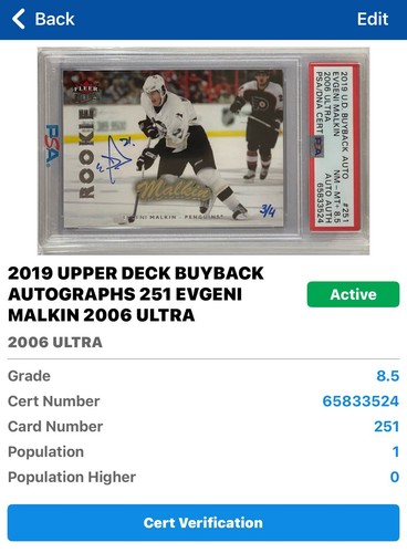 2019 UD BUYBACKS Evgeni Malkin PSA 8.5 #3/4 RC AUTO FLEER ULTRA ROOKIE 2006 Pens - Picture 2 of 4