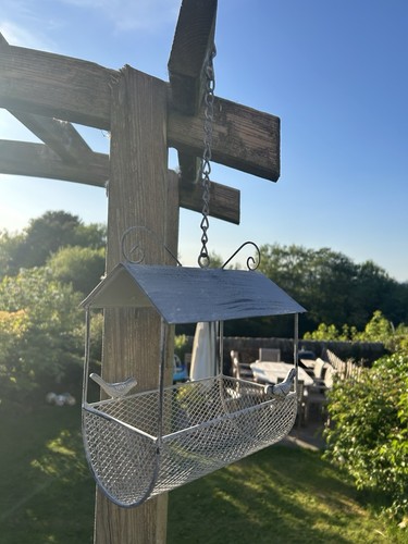 Hanging Grey Metal Bird Feeder Dish Table Tray House Garden Decoration Gift - Picture 9 of 10