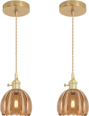 Amber Tulip Mini Pendant Light 2 Pack - Adjustable Brass Vintage Lighting