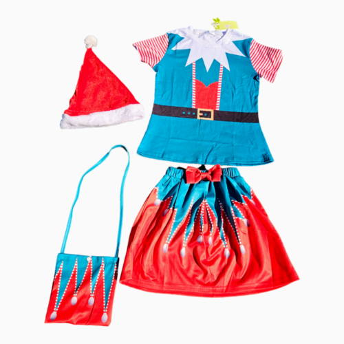 Girls Christmas Elf Costume Childs Size 7/8, 4 Piece Set Santas Helper Holiday
