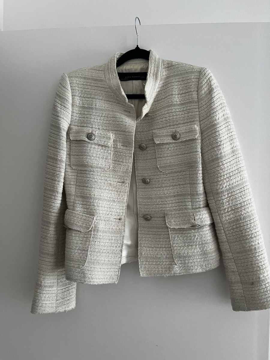 Zara White Boucle Size S Cream Smart Jacket UK